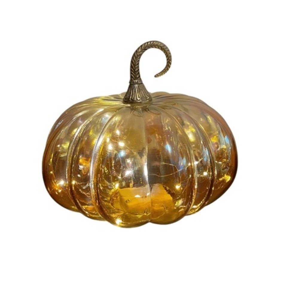 Amber Iridescent Glass Light Up Pumpkin with Gold Stem Fall Decor